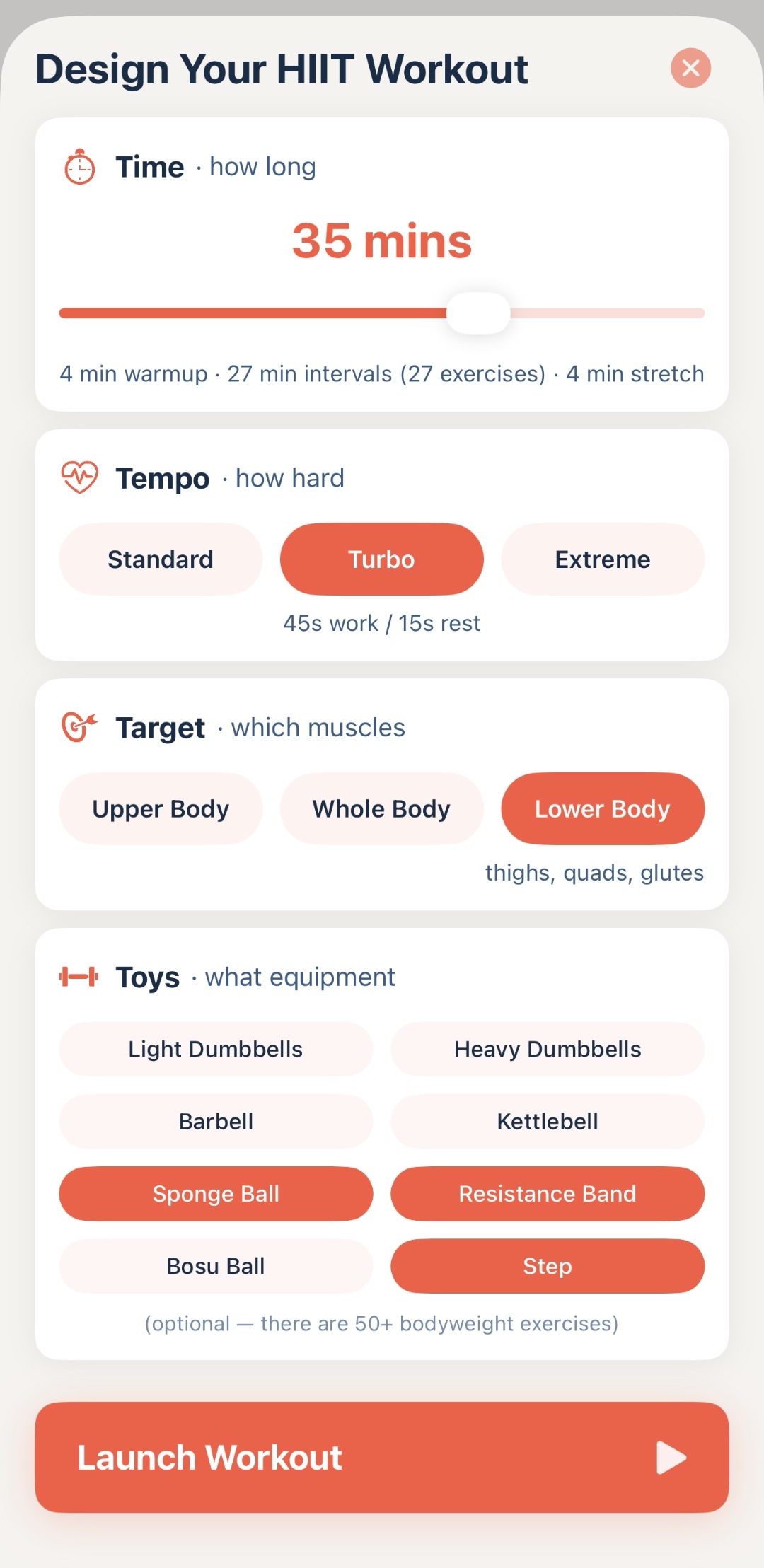 HIIT Mode workout design screen showing Time, Tempo, Target, and Toys customization