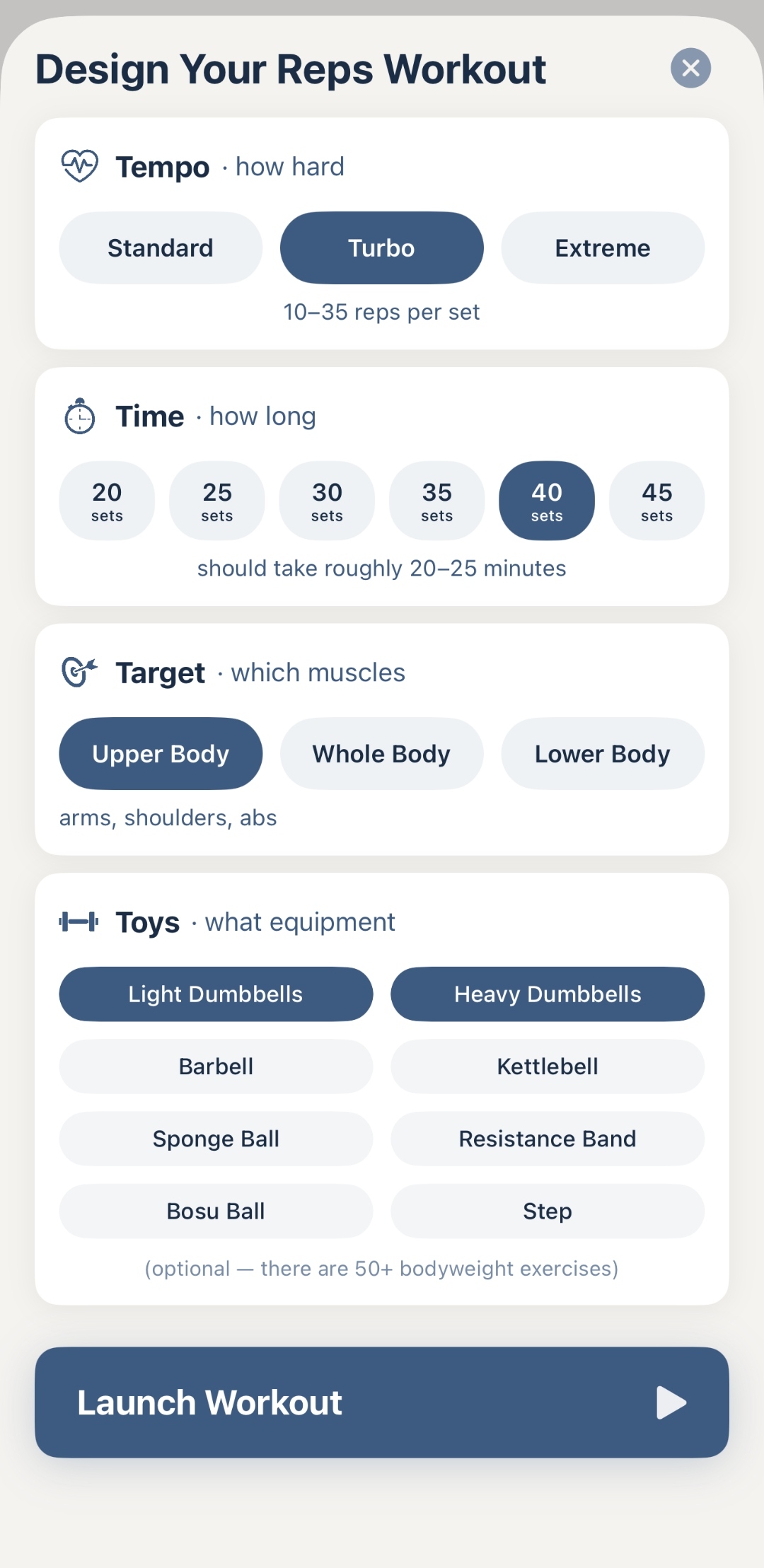 Reps Mode workout design screen showing Tempo, Time, Target, and Toys customization